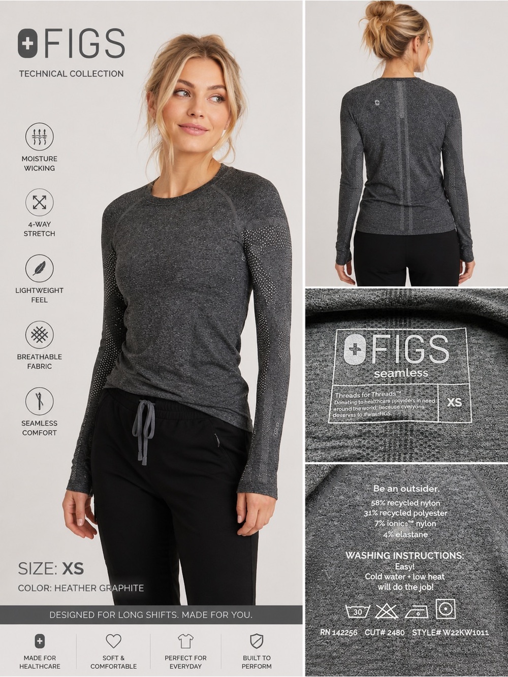 Figs Seamless Scrubs Long Sleeve Shirt Size XS Gray - Picture 7 of 7